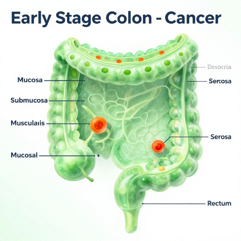 Medical illustration of early stage colon cancer in mucosa layer, cross-section view of colon wall, semi-transparent light green and lime green color scheme for entire anatomy, cancerous cells highlighted in orange.jpg