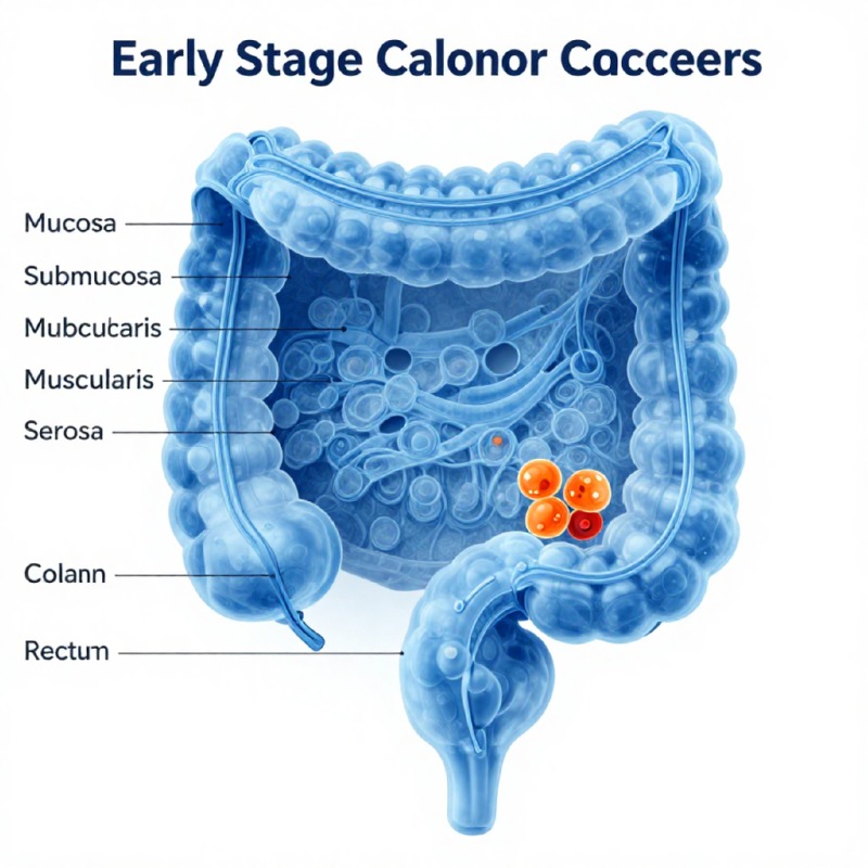 Medical illustration of early stage colon cancer in mucosa layer, cross-section view of colon wall, semi-transparent blue color scheme for entire anatomy, cancerous cells highlighted in orange or red within the muc.jpg