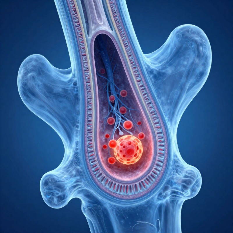Medical illustration of bone marrow cancer, cross-section view of bone showing internal marrow structure, semi-transparent blue color scheme for bone anatomy, cancerous cells highlighted in red or orange within the.jpg