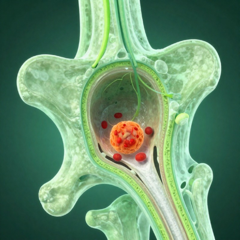 Medical illustration of bone marrow cancer, cross-section view of bone showing internal marrow structure, semi-transparent light green and lime green color scheme for bone anatomy, cancerous cells highlighted in re.jpg